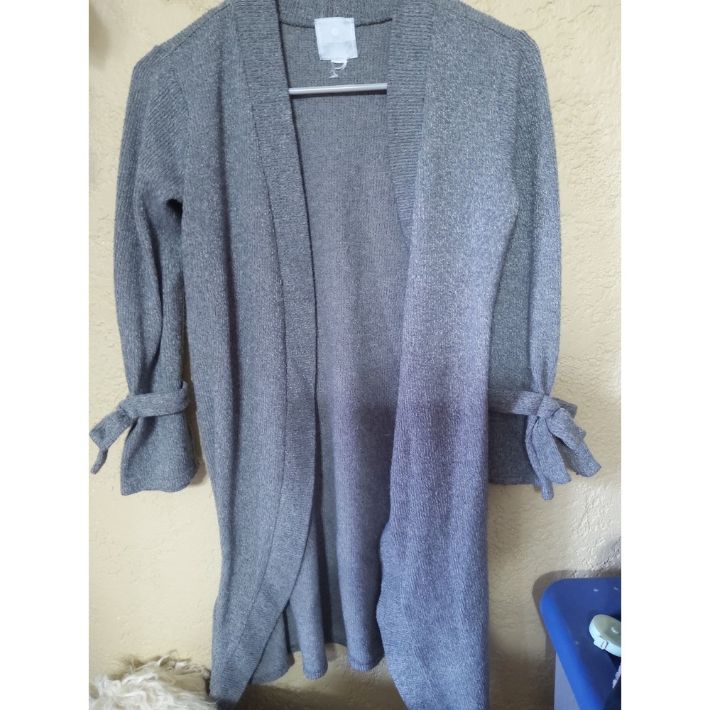 Sunday Womens Grey Open Front Longline Cardigan Tie Bell Sleeve Metallic Knit S